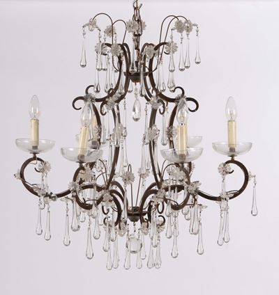 Lampadario a Sei Luci in Metallo e Cristalli, XX Secolo