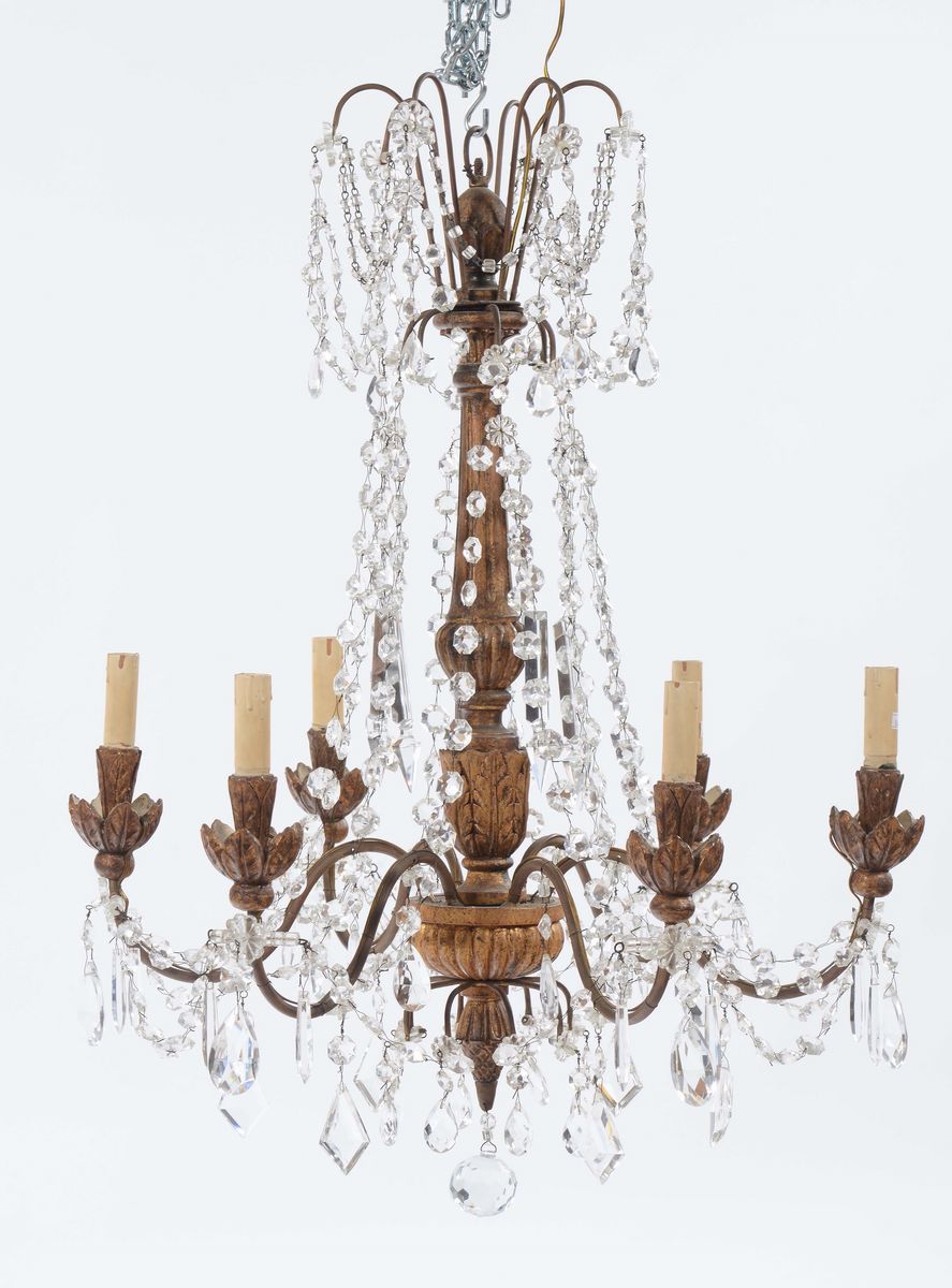 Tre Lampadari in Stile Luigi XVI in Legno Dorato e Cristallo, XIX Secolo