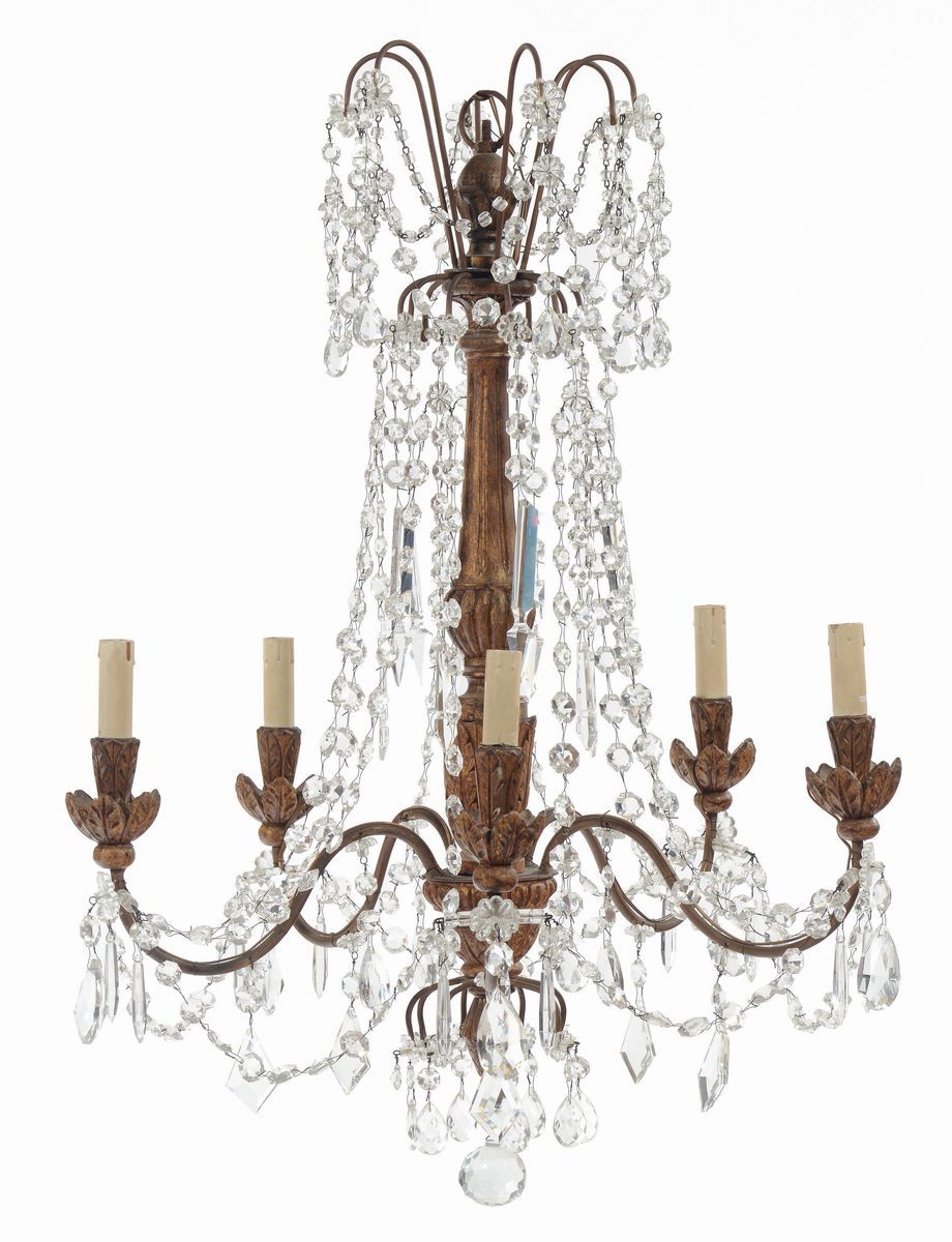 Tre Lampadari in Stile Luigi XVI in Legno Dorato e Cristallo, XIX Secolo