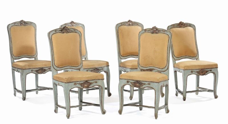 Sei sedie in legno intagliato e laccato, XVIII secolo  - Asta Antiquariato - Cambi Casa d'Aste