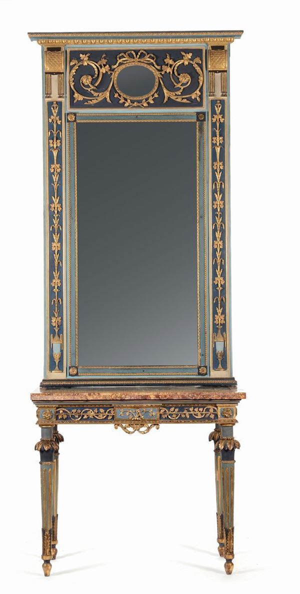 Console in stile Luigi XVI con specchiera in legno dipinto e dorato, XIX secolo?