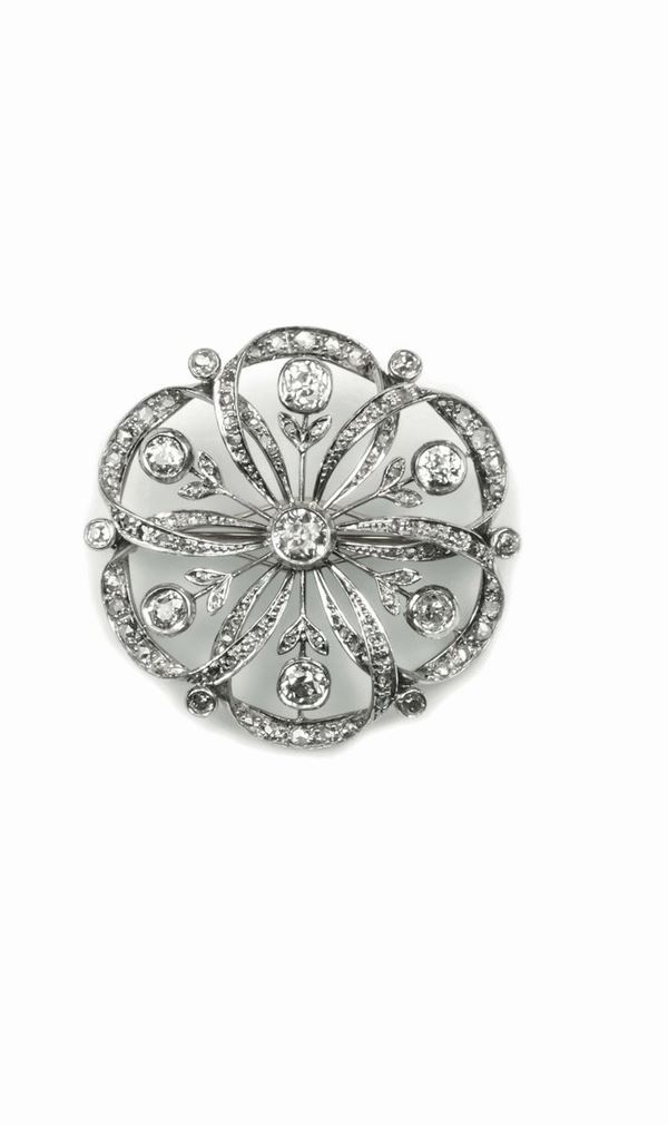 An old-cut diamond brooch, silver mounted