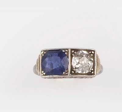 Anello con Diamante di Vecchio Taglio e Zaffiro Sri Lanka Non Scaldato