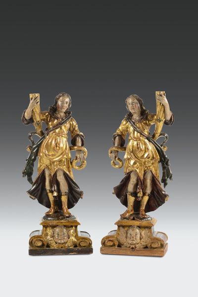 Coppia di Angeli Porta Cero in Legno Scolpito, Dipinto e Dorato, Scultore Attivo tra Lombardia e ...