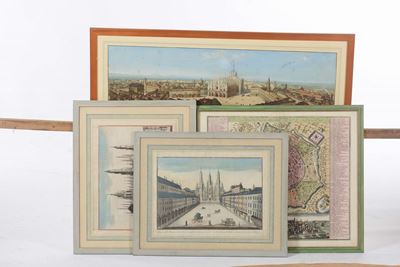 Quattro Stampe Raffiguranti Vedute di Milano, XIX Secolo