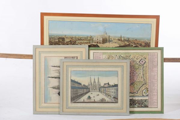 Quattro stampe raffiguranti vedute di Milano, XIX secolo
