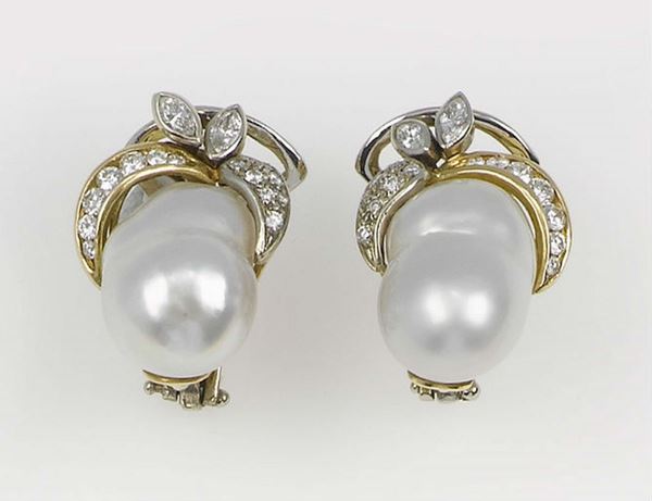 A pair of baroque pearl and diamond earrings, Mantegna