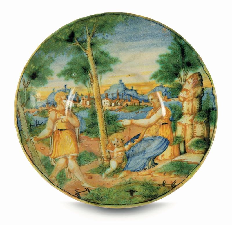 PIatto Pesaro,“Pittore di Zenobia”, 1550- 60 ca.  - Asta Importanti maioliche italiane dal Rinascimento al Barocco - Cambi Casa d'Aste