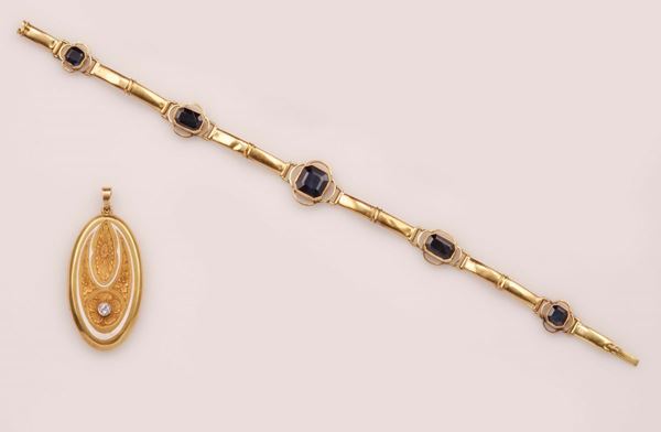 A sapphire bracelet and a diamond and white enamel liberty pendant