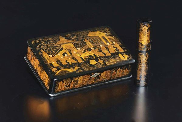 A lot of lacquered wood box and cover and brushpot depicting wise men, China, late 19th century