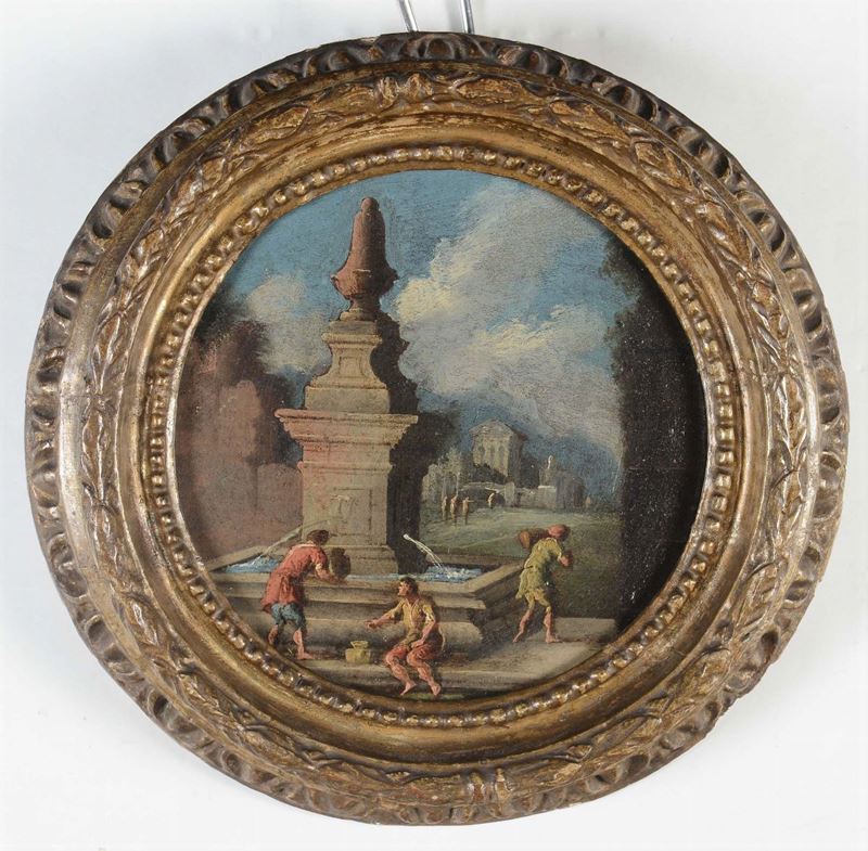 Scuola del XVIII secolo Uomini alla fontana  - Auction Ancient Paintings, Oriental Art and European Ceramics | Time Auction - Cambi Casa d'Aste