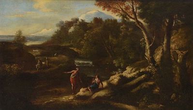 Scuola del XVIII Secoloscena Mitologica di Figure in Riva Ad un Fiume