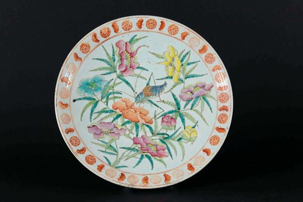 A polychrome enamelled porcelain dish with cicada and red bats, China, Qing Dynasty, 19th century