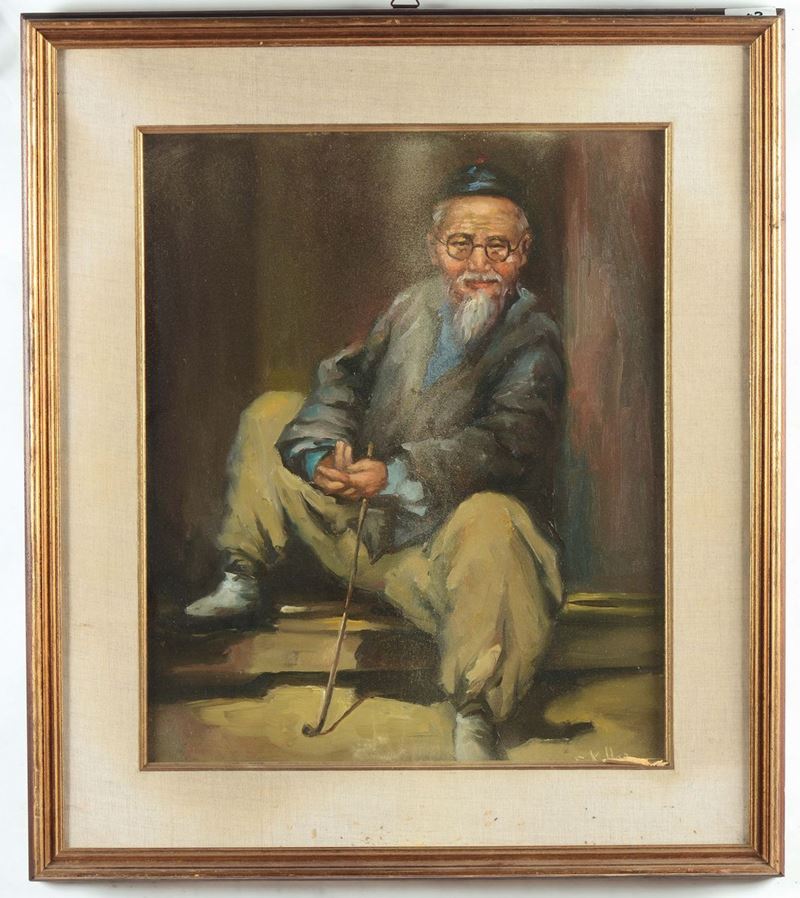 Oil on canvas depicting seated old man, China, 20th century  - Auction Chinese Works of Art - Cambi Casa d'Aste