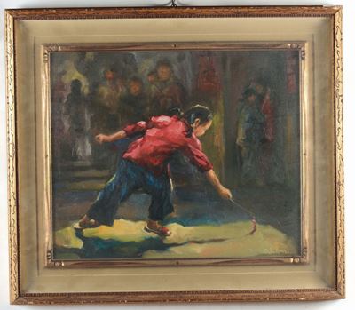 Dipinto Olio su Tela Raffigurante Bambina che Gioca, Cina, XX Secolo
