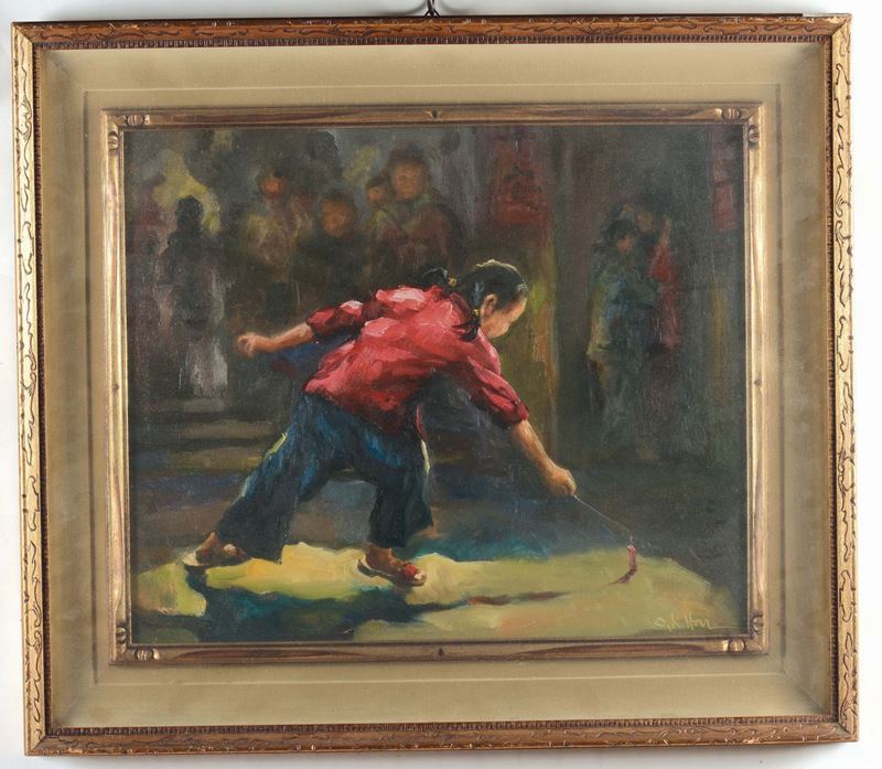 Oil on canvas depicting playing girl, China, 20th century  - Auction Chinese Works of Art - Cambi Casa d'Aste