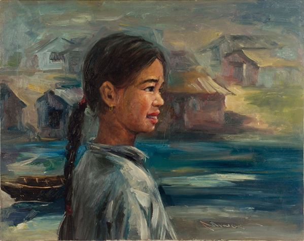 Dipinto olio su tela raffigurante ragazza, Cina, XX secolo