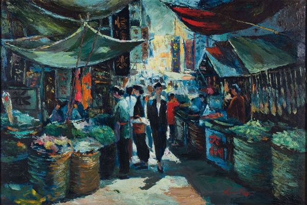 Dipinto olio su tela raffigurante personaggi in un mercato, Cina, XX secolo