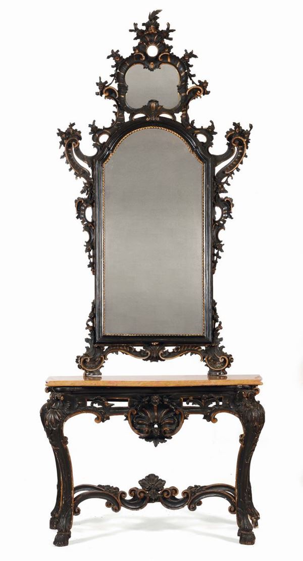 Console con specchiera in legno intagliato con profili dorati, XIX secolo