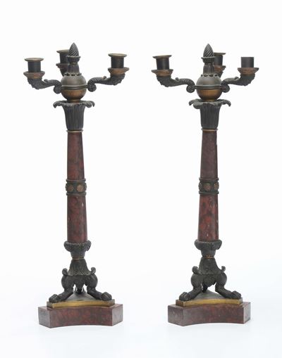 Coppia di Candelieri a Tre Luci in Marmo Rosso e Bronzo Brunito, XIX Secolo