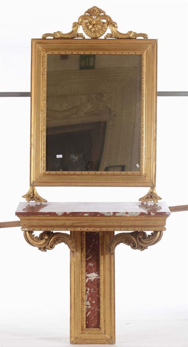 Console con specchiera in legno dorato e marmo rosso, XVIII-XIX secolo