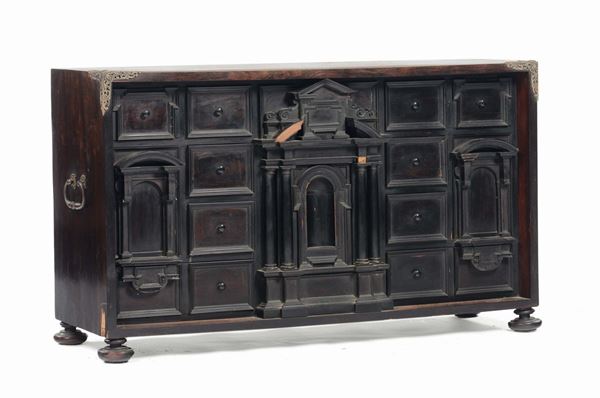 Stipo monetiere di forma architettonica in legno ebanizzato, XVIII secolo