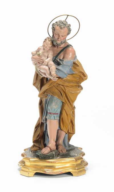 Statua in Terracotta Policroma Raffigurante San Giuseppe Col Bambino, XIX Secolo