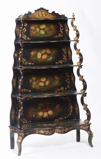 Etagere in Legno Ebanizzato e Dipinto, XIX-XX Secolo