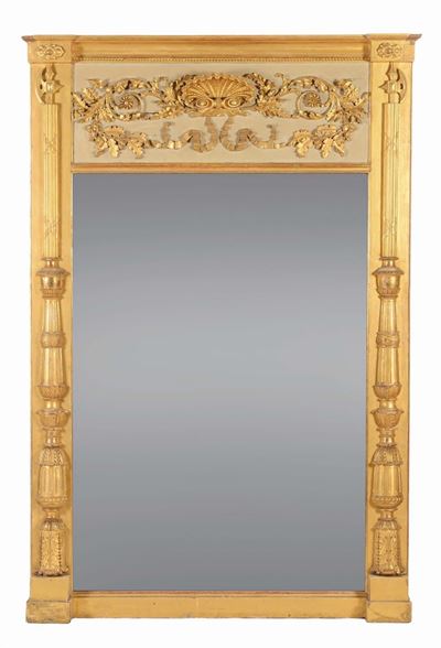 Grande Specchiera Impero in Legno Intagliato, Laccato e Dorato, XIX Secolo