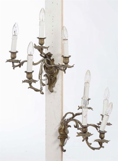 Coppia di Appliques in Bronzo a Quattro Fiamme, XIX Secolo