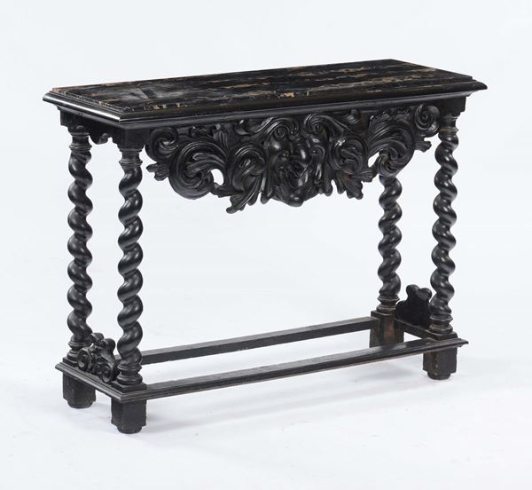 Base di stipo in legno ebanizzato ed intagliato, XIX secolo