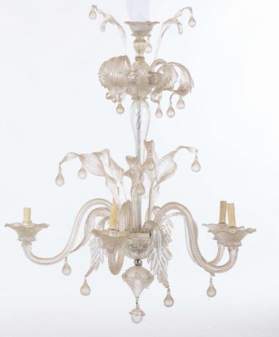 Lampadario a Sei Bracci in Vetro Incolore, XX Secolo