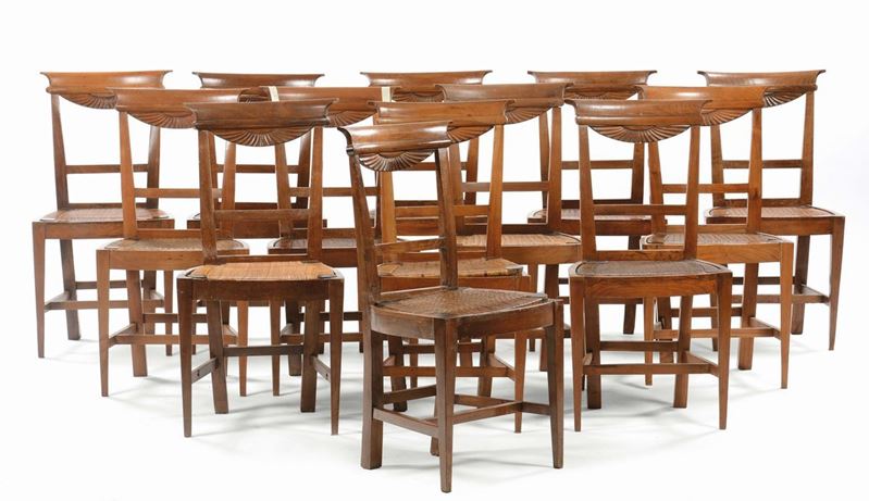 Quattordici sedie in noce Direttorio, inizio XIX secolo  - Auction Fine Art - Cambi Casa d'Aste