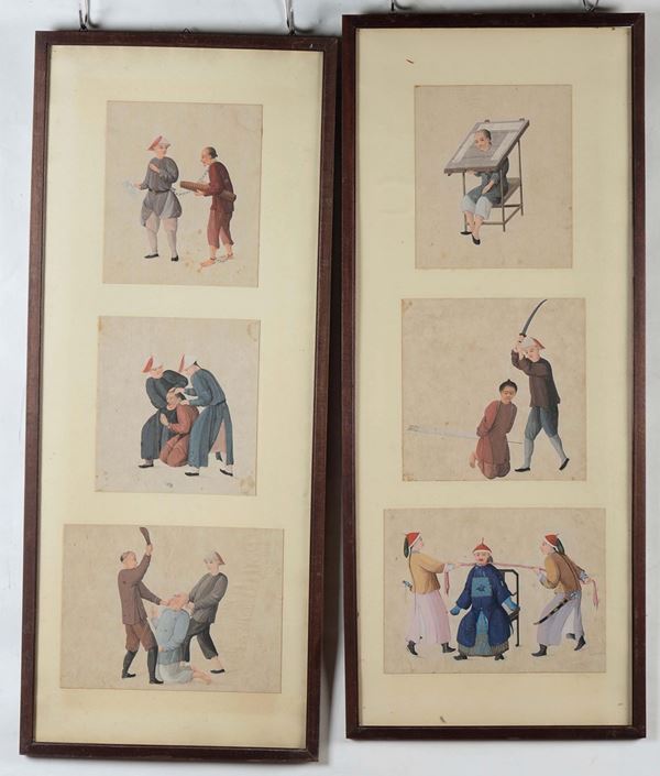 Nove dipinti su carta incorniciati raffiguranti scene di tortura o esecuzione, Cina, Dinastia Qing, XIX secolo