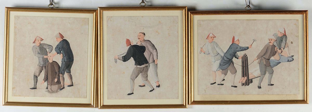 Nove Dipinti su Carta Incorniciati Raffiguranti Scene di Tortura o Esecuzione, Cina, Dinastia Qin...