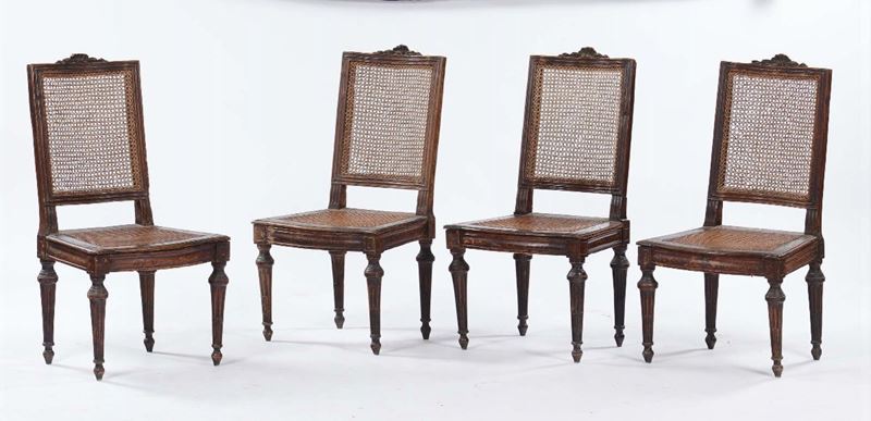 Quattro sedie in noce in stile Luigi XVI, XIX secolo  - Auction Asta a Tempo Antiquariato - Cambi Casa d'Aste
