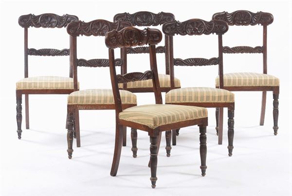 Sei sedie con schienale intagliato, XIX secolo