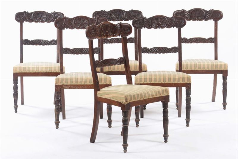 Sei sedie con schienale intagliato, XIX secolo  - Asta Asta a Tempo Antiquariato - Cambi Casa d'Aste