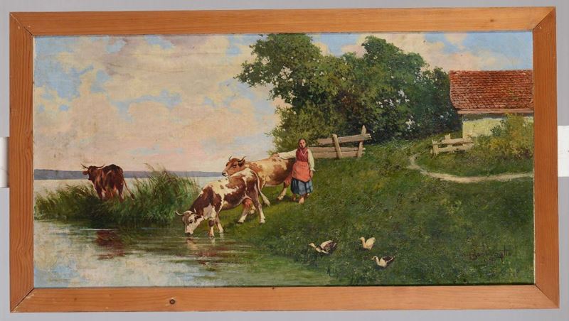 Cesare Bentivoglio (1868-1952) Mucche sulla riva del fiume  - Asta Asta a Tempo Antiquariato - Cambi Casa d'Aste
