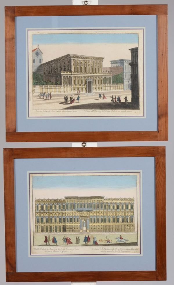 Coppia di stampe raffiguranti palazzi genovesi, XVIII secolo