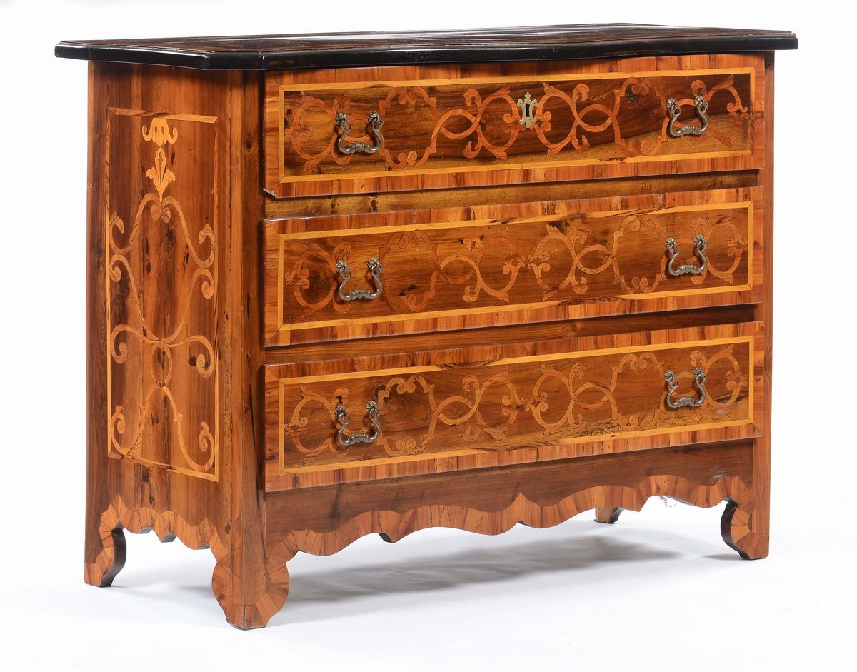 Cassettone in Legno Lastronato ed Intarsiato, Piemonte XVIII Secolo