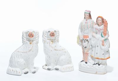 Lotto Composto da Due Cani e Personaggi in Porcellana Staffordshire