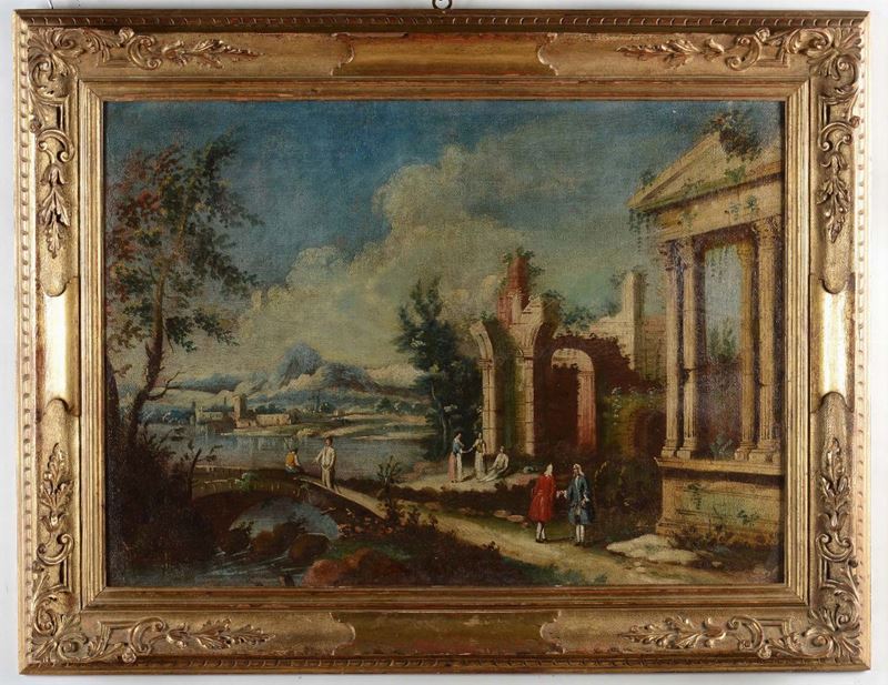 Scuola Veneta del XVIII secolo Paesaggio veneto con figure  - Auction Paintings online auction - Cambi Casa d'Aste