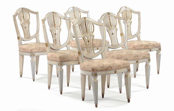 Sei sedie in legno laccato e dorato, XVIII secolo