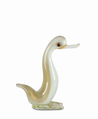 Murano, Figura di anatra in vetro sommerso pesante con foglia d’oro (circa 1950)