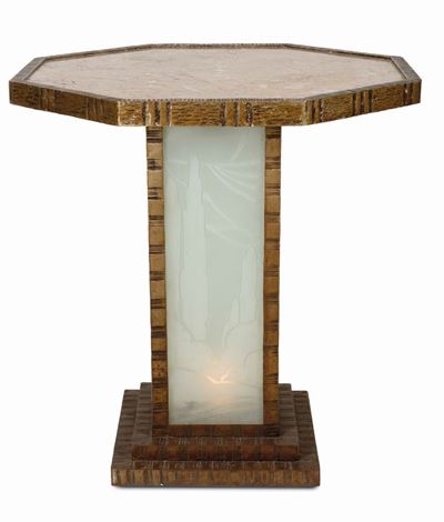 Francia, 1925 ca, Tavolino con piano ottagonale in legno e marmo, ottone decorativo e base vetrat...