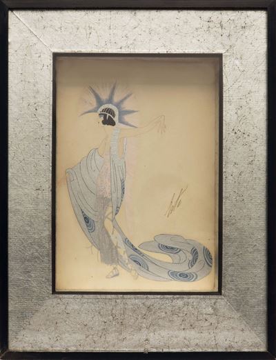 Erté, Bozzetto di moda in disegno a china con acquerellature e decoro in foglia d’argento