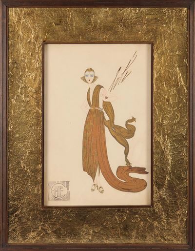 Erté (1892-1990), Bozzetti di moda in china con acquerellatura e dorature (coppia di disegni)