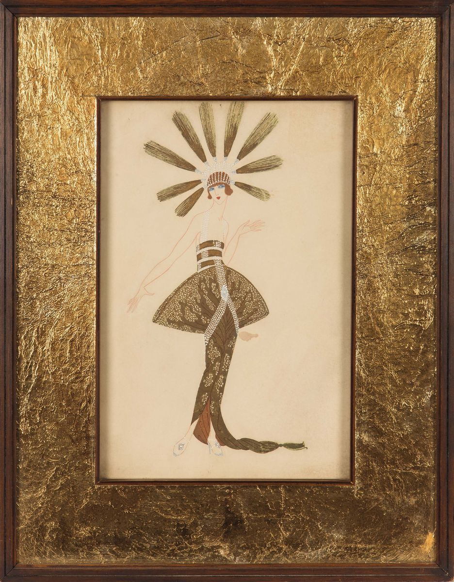 Erté (1892-1990), Bozzetti di moda in china con acquerellatura e dorature (coppia di disegni)