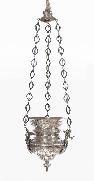 Lampada Pensile in Lastra D’argento Sbalzata, Napoli Punzone Corporativo di Città, 1740, Punzone ...